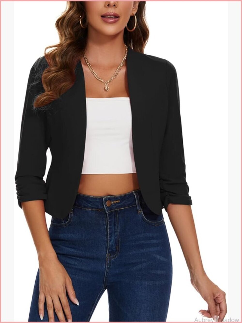 Cropped Blazer 3/4 Ruched Sleeve Open Front Casual Work Office Jacket